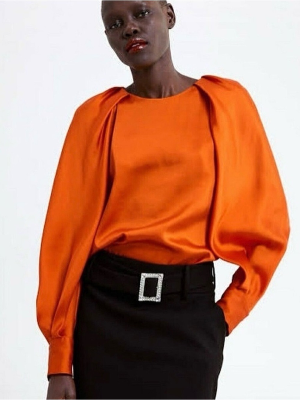 Zara Women's Orange Puff Sleeve Blouse Diamanté Button Satin Top Size Small NWT